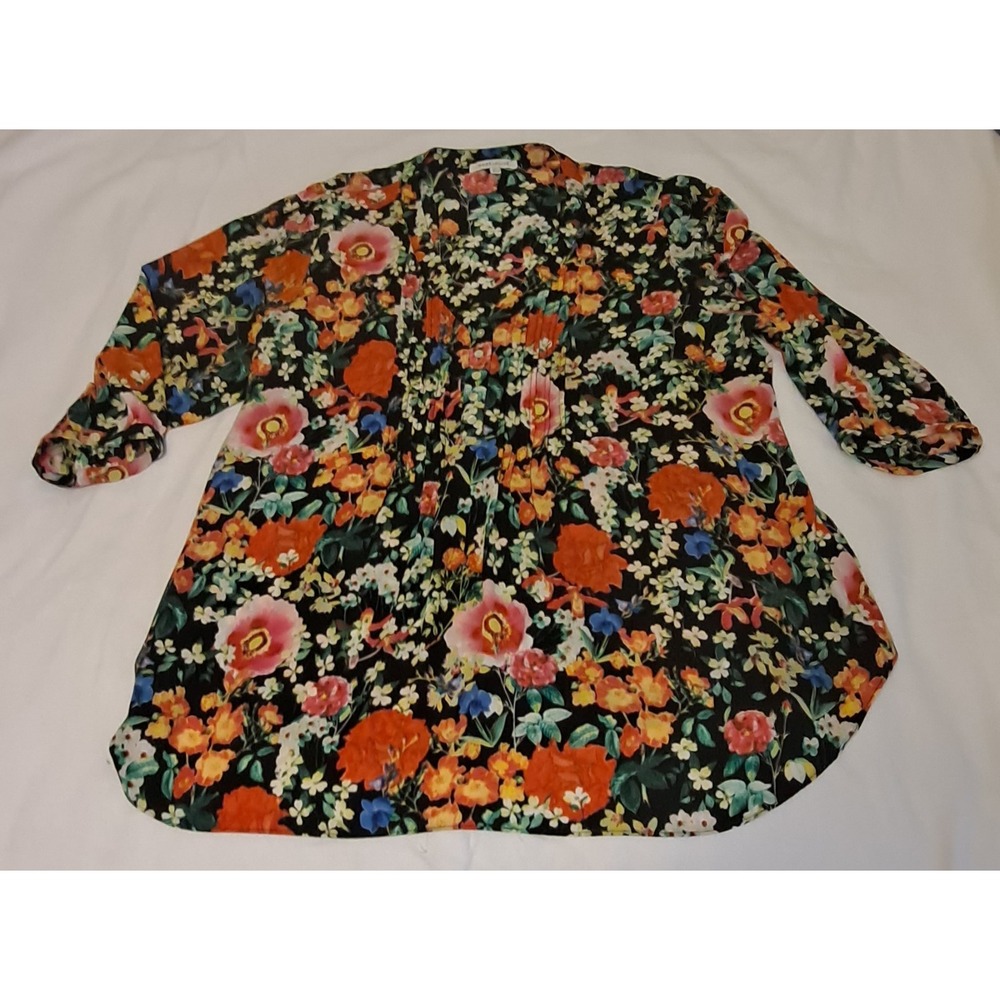 2XL Rose & Olive Black‎ Floral Quarter Length Sleeves Top